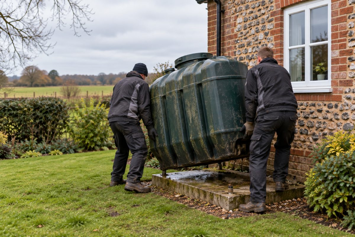Emptied oil tank being lifted off its base for removal