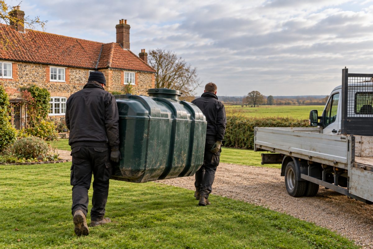 Emptied oil tank being carried away to a van